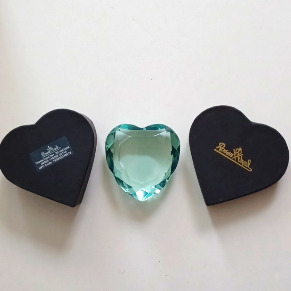 Vintage German  Rosenthal 24% Lead  Crystal Turquoise Faceted Heart Paperweight